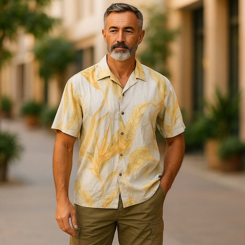 Tommy Bahama Mens Shirt Sz L Linen Blue Yellow‎ Bird of Paradise Flower Buttons